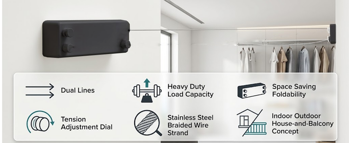 Black retractable clothesline features dual lines, heavy-duty load capacity, and space-saving foldability