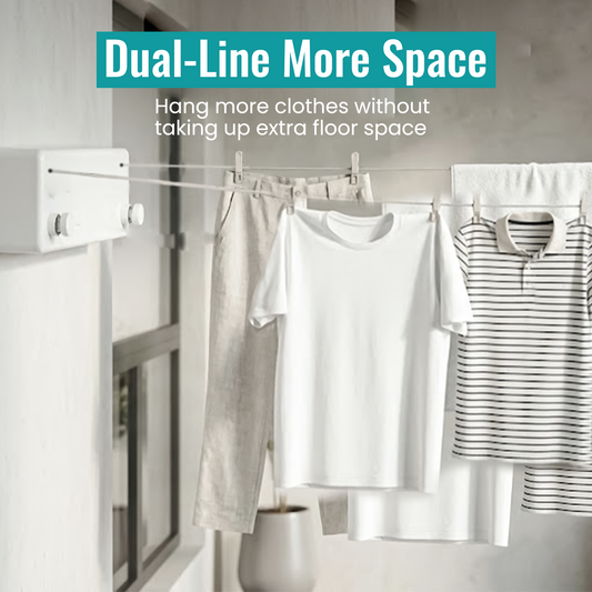 White retractable double clothesline dual-line design hanging clothes without taking up floor space