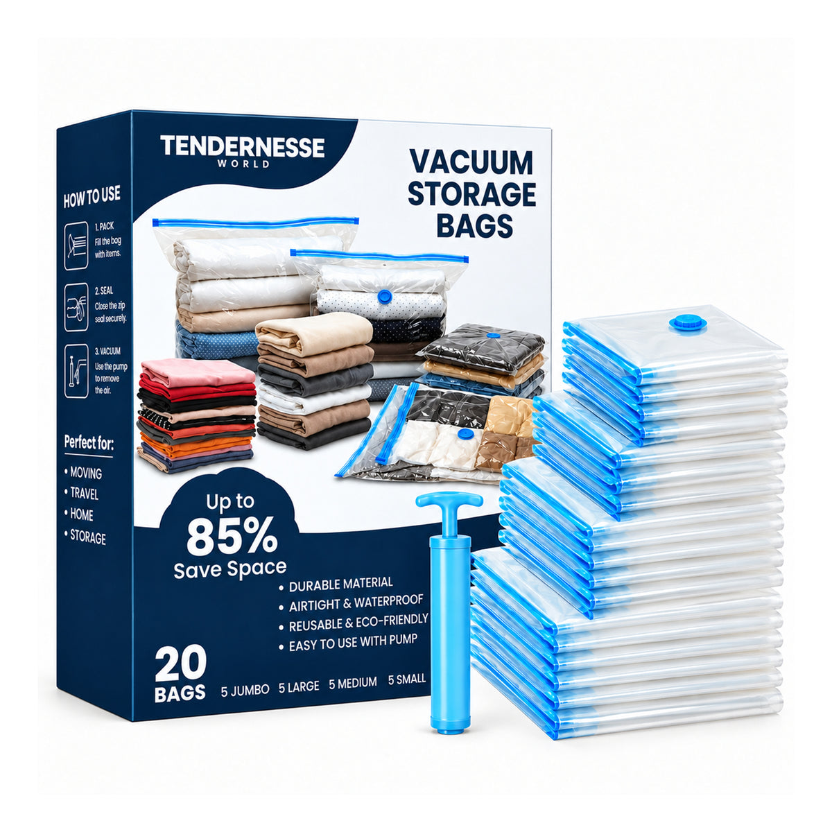 Vacuum storage bags set with hand pump - 20 bags in 4 sizes, TenderNesse World