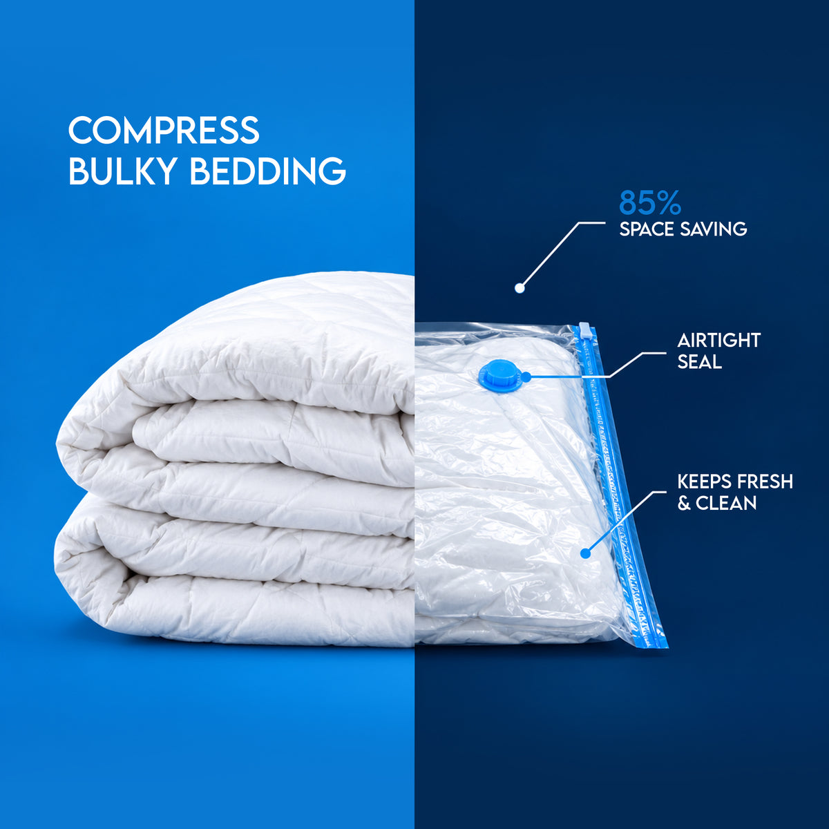 Vacuum storage bag compressing a bulky comforter with airtight seal