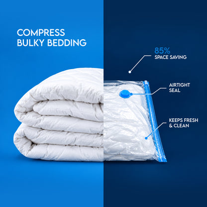 Vacuum storage bag compressing a bulky comforter with airtight seal