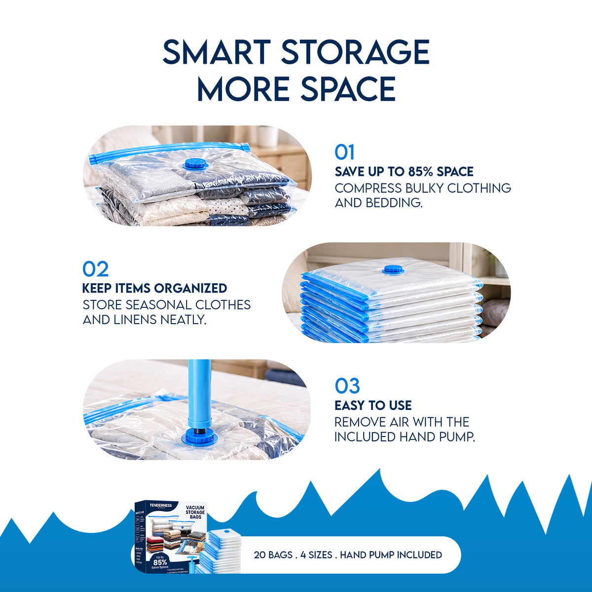 Vacuum storage bags smart storage steps - pack, seal, and remove air with hand pump