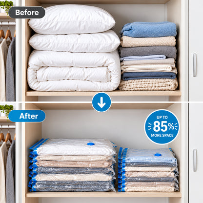 Closet shelf before and after using vacuum storage bags - up to 85% more space