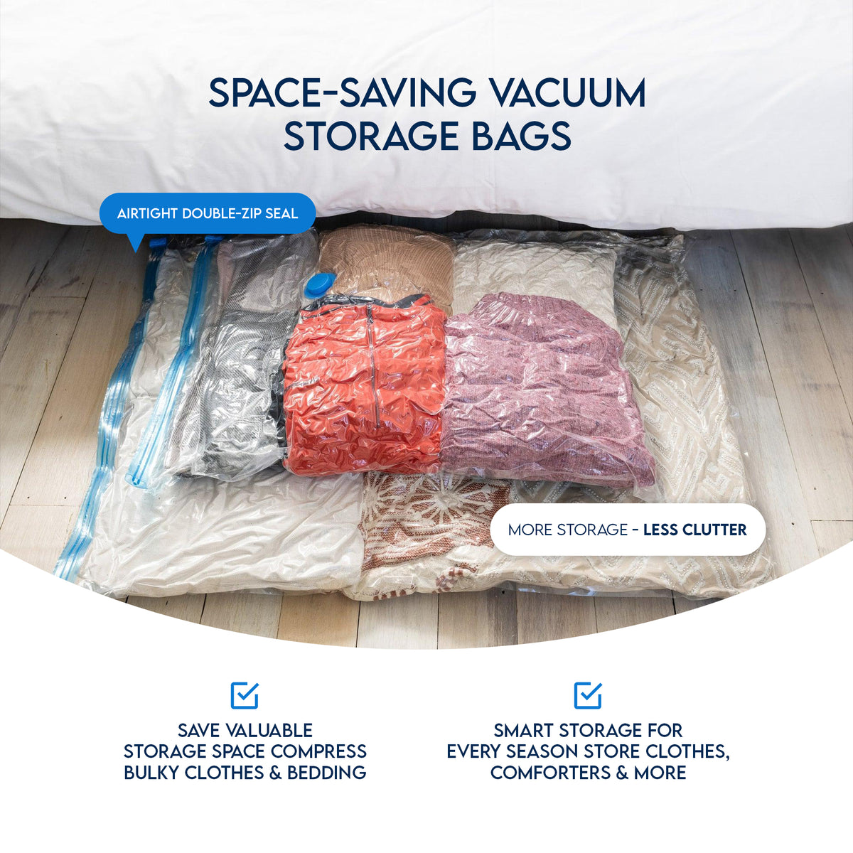 Vacuum storage bags used for under-bed storage with airtight double-zip seal