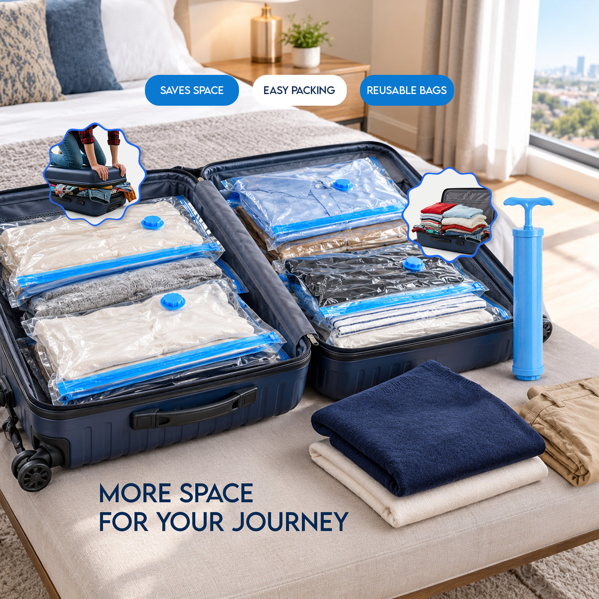 Vacuum storage bags packed in a suitcase for travel - saves space and eases packing