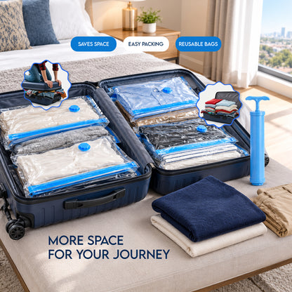 Vacuum storage bags packed in a suitcase for travel - saves space and eases packing
