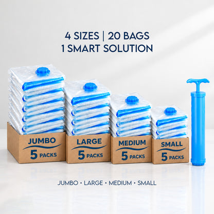 Vacuum storage bags in four sizes - jumbo, large, medium, and small, with hand pump