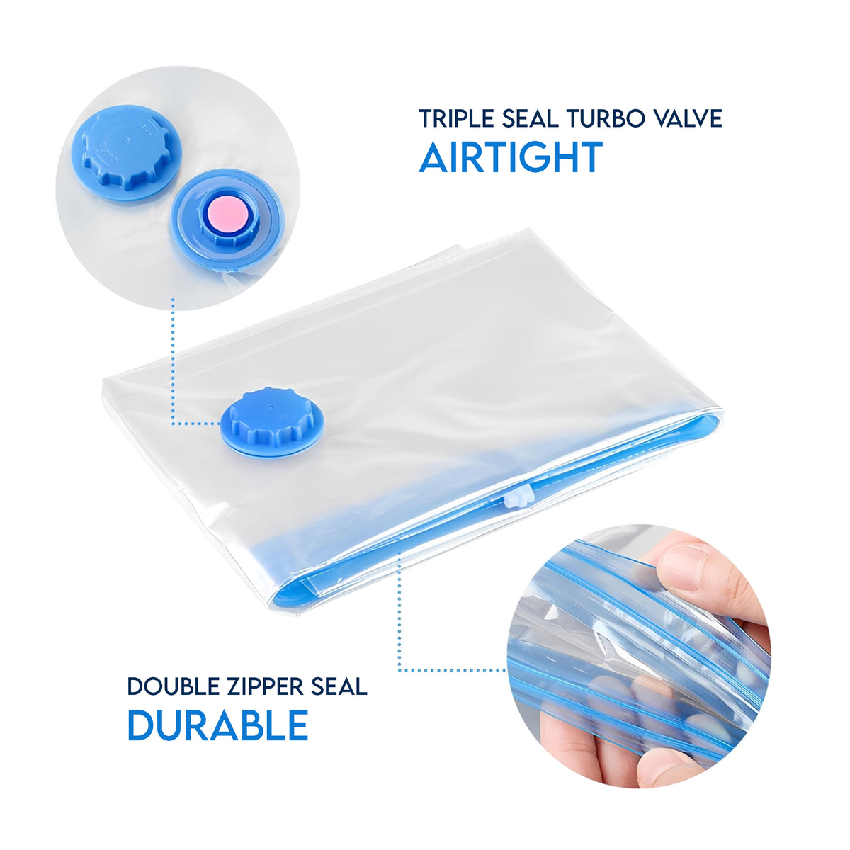 Close-up of vacuum storage bag triple-seal turbo valve and double zipper seal