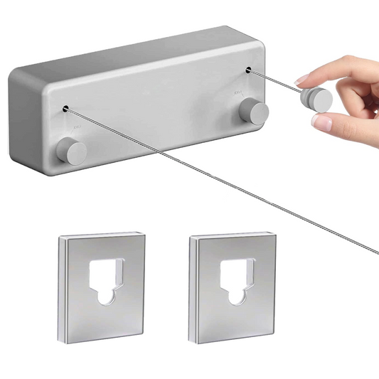 Retractable double clothesline wall-mounted drying line with adjustable tension dial and wall-mount brackets, shown in White/Gray