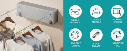 Gray wall-mounted retractable clothesline hanging clothes in a closet with space-saving heavy-duty features