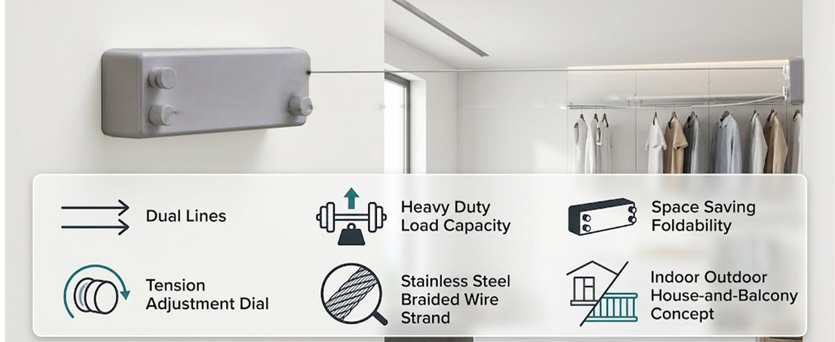 Gray retractable clothesline features dual lines, heavy-duty load capacity, and space-saving foldability