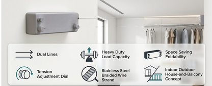 Gray retractable clothesline features dual lines, heavy-duty load capacity, and space-saving foldability