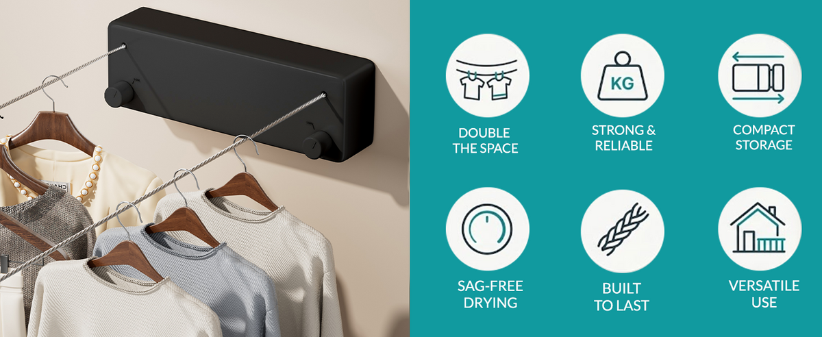Black wall-mounted retractable clothesline hanging clothes in a closet with space-saving heavy-duty features