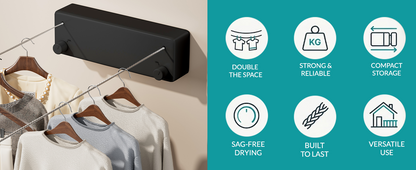 Black wall-mounted retractable clothesline hanging clothes in a closet with space-saving heavy-duty features