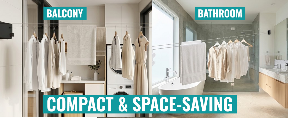 Black retractable double clothesline used for drying laundry on a balcony and in a bathroom