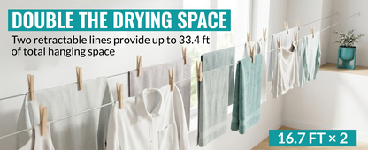 Retractable double clothesline with two 16.7 ft drying lines for 33.4 ft of total hanging space