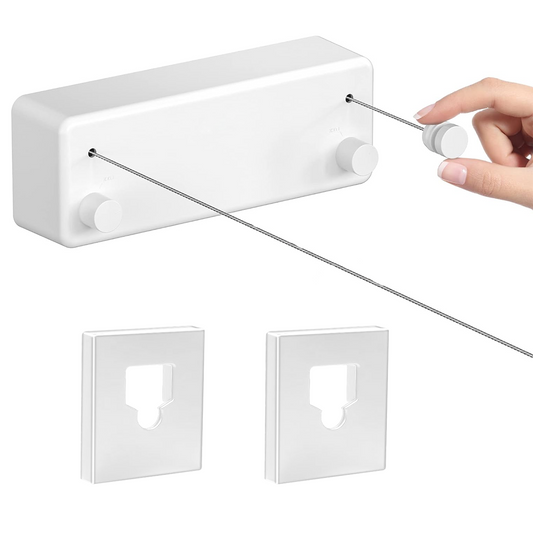 White retractable double clothesline wall-mounted drying line with adjustable tension dial and wall-mount brackets
